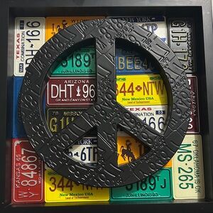 Metal Peace Symbol Sign Multicolored License Plates 15” Square Wall Decor
